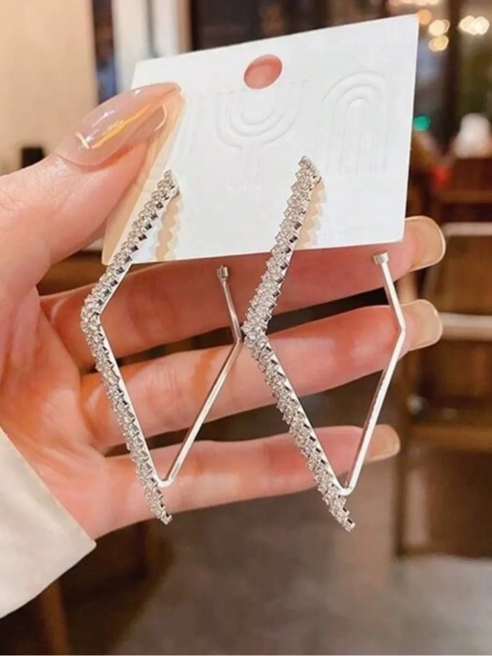 Silver Rhinestone Geometric Hoop Earrings